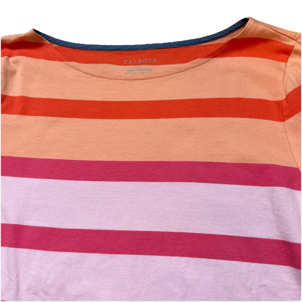 Talbots Stripe Ballet Neck 3/4 Sleeve Top L 100% Cotton Soft Travel Resort - Picture 2 of 7